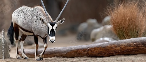 Oryx stands on dirt ground at zoo under warm natural light, showcasing its unique horns and fur pattern while observing surroundings