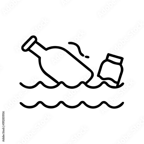 Message in a bottle and plastic bag floating in the ocean  