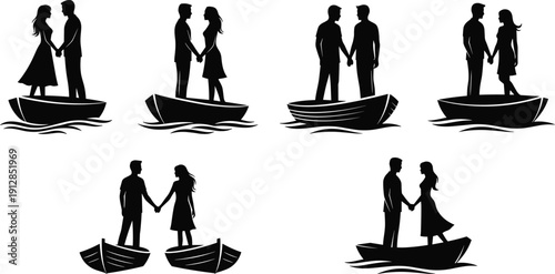 Romantic couples holding hands standing in small row boats on water, silhouette illustration set for love, relationship, and dating concepts,