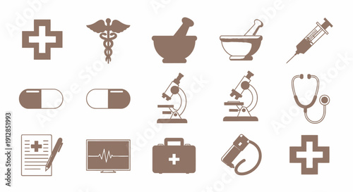 Medical healthcare pharmacy icons set with essential equipment