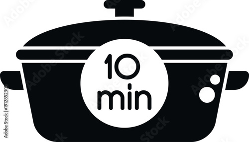 Cooking pot icon displaying a 10 minute timer for recipe preparation or meal instructions