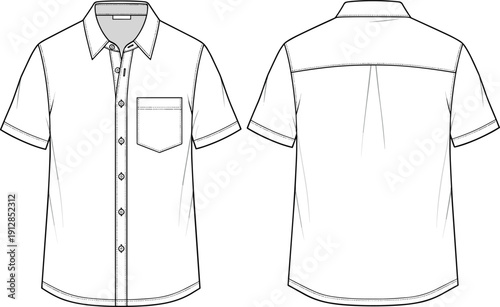 Short sleeve button down shirt technical sketch vector set featuring front and back views of a classic mens casual shirt,
