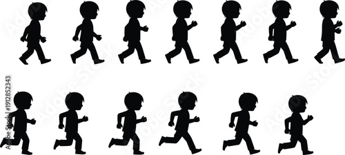 Silhouette of a boy walking and running cycle animation frames for motion graphics, character sprites isolated on a white background.
