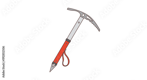 Illustration of an ice axe with red handle and metal head on a plain background