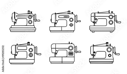 Sewing machine outline icons set vector minimal tailor equipment isolated on transparent background