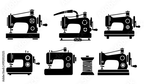 Decorative sewing machine icon set vector black tailor equipment symbols isolated on transparent background