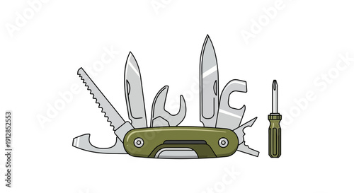 Multi-tool device with various functions and a screwdriver on a plain background viewed from the front