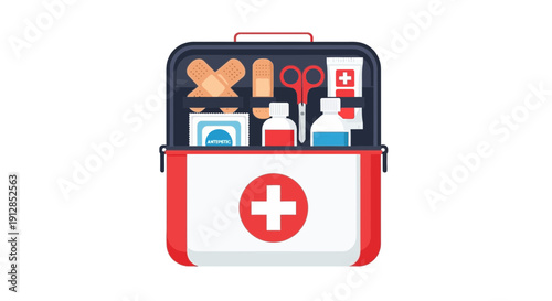 First aid kit illustration with medical supplies and equipment displayed