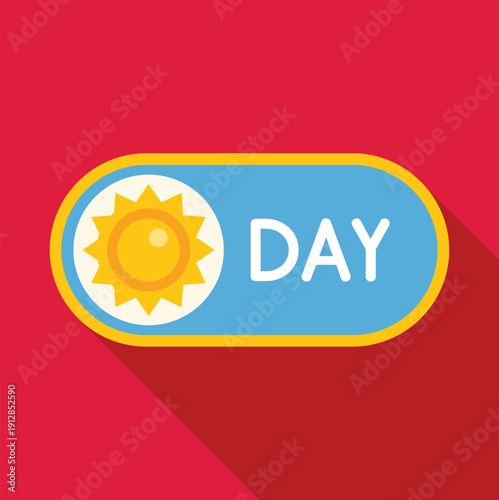 Sun icon and day text on a flat design toggle switch, representing light mode