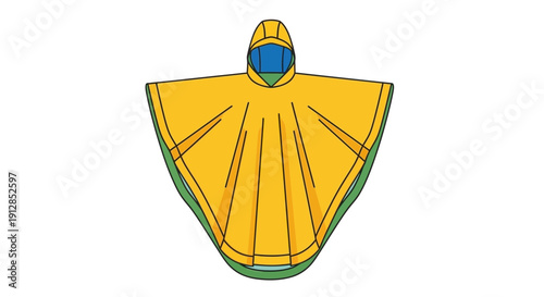 Person wearing yellow rain poncho with green trim and blue face standing in the rain from a front viewpoint