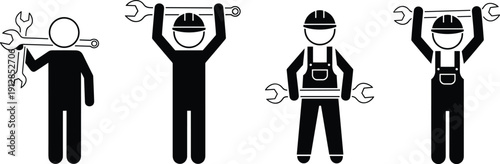 Stick Figure People Poses Vector Icon Set Featuring Maintenance Workers, Repair Technicians, Plumbers, Mechanics Carrying Large Wrenches, and Handyman Activity Silhouettes.
