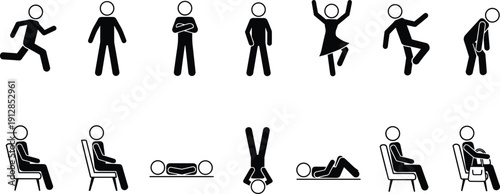 Stick Figure People Poses Vector Icon Set Featuring Man and Woman Running, Standing, Sitting, Lying Down, and Public Transport Passenger Silhouettes.