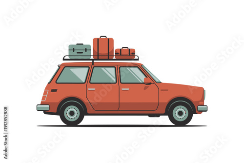 Station wagon vehicle loaded high with luggage signifies a long family.