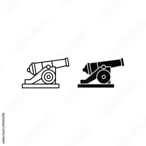 Historical depiction of two black and white cannons on wheeled carriages