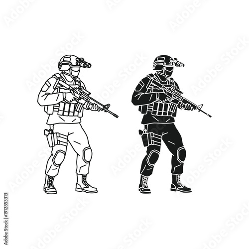 Two tactical soldiers standing side by side with rifles in a ready stance