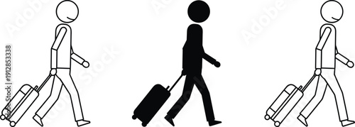 Stick figure traveler vector set featuring walking man pulling suitcase luggage icons in black and white for airport tourism travel,