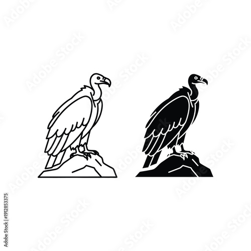 Two stylized black silhouettes of vultures perched on rocky surfaces