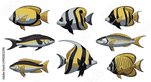 Seven stylized tropical fish illustrations on white background