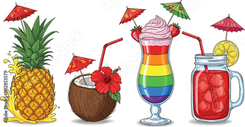 Tropical summer cocktail set with pineapple, coconut drink, rainbow layered smoothie, and red berry punch in mason jar with umbrellas,