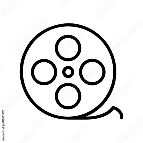 Film reel icon in minimal outline design on white background  