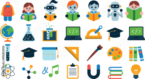 Colorful education and science icon set, flat vector illustrations of students, robotics, laboratory equipment, coding, art supplies, and school elements