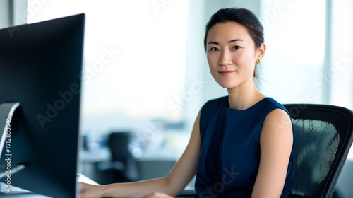 young asian woman in a blue dress sitting at her office desk Free Download young asian woman in a blue dress sitting at her office desk - GFXLoad