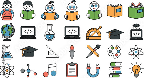 Colorful education and STEM icon set, flat outline vector illustrations of students, robotics, coding, laboratory equipment, art supplies, and school symbols