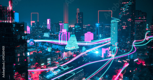 Futuristic city skyline at night with neon pink and blue cyberpunk lighting. High-tech smart city concept. For technology, innovation, and sci-fi design themes.