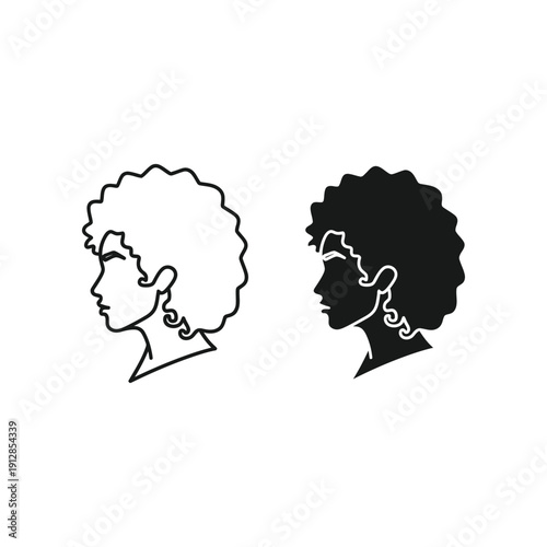 Minimalist black and white silhouettes of two women with voluminous curly hairstyles