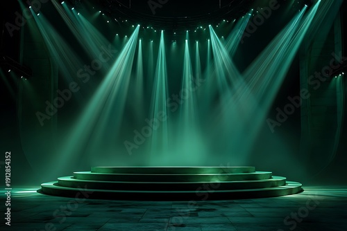 Dramatic green stage with spotlight beams shining down