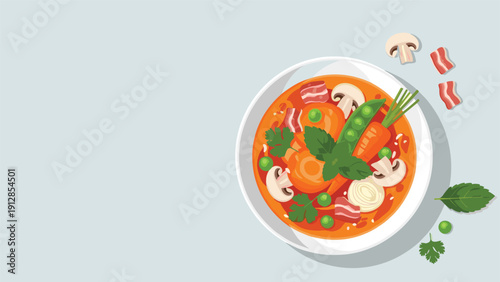 Nutritious vegetable soup bowl featuring mushrooms, carrots, peas, and crispy bacon pieces served on a clean light blue background.