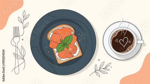Delicious breakfast toast topped with smoked salmon and fresh basil served next to a warm cup of latte art coffee with heart shape.