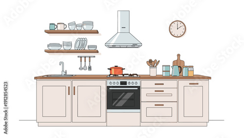 Modern kitchen interior design with white cabinets, built-in oven, range hood, wooden countertop, and organized open shelving units.