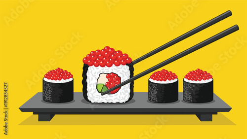 Traditional Japanese sushi rolls topped with red fish roe caviar served on a black wooden board with chopsticks on a yellow background.