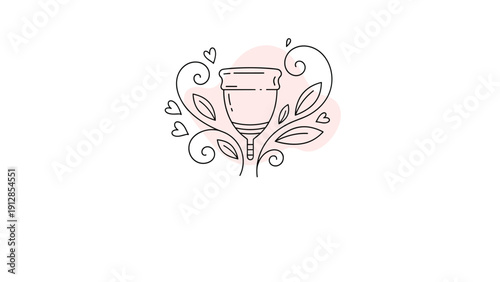 Menstrual cup illustration decorated with delicate leaves and hearts on a soft pink abstract background for feminine hygiene care.