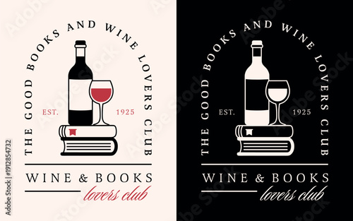 Wine and books lovers girls night funny book club shirt design reading group bottle glass logo. Black and red fancy dark academia romance aesthetic illustration for party invitation card poster print.