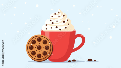 Delicious cup of hot chocolate in a red mug topped with whipped cream and star sprinkles served with a chocolate chip cookie.