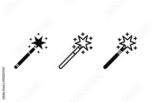Black magic wand icons displaying various stylized stars and sparkles for.