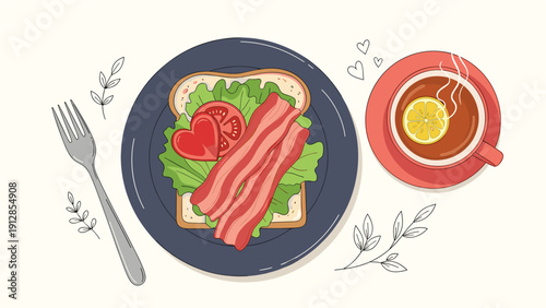 Tasty breakfast plate with a bacon, lettuce, and heart-shaped tomato sandwich served with a cup of lemon tea and a fork.