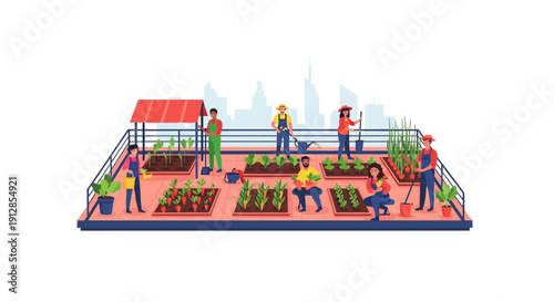 People gardening on a rooftop overlooking a city skyline