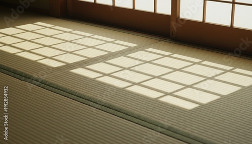 Shoji window projecting gentle geometric shadows onto a tatami mat, with ample space for text. Minimalist Japanese interior design perfect for editorial and creative layouts.