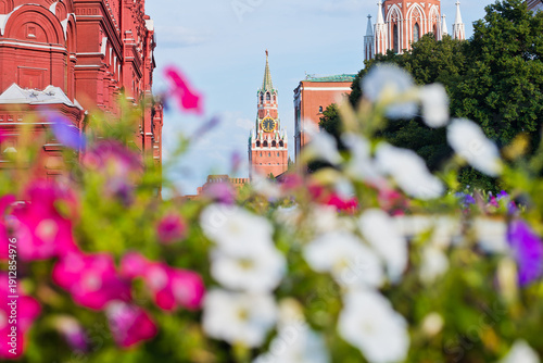 Spasskaya Tower. Red square. Sunny summer day. Moscow. Russia	