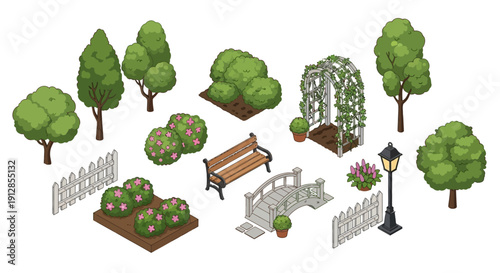 Isometric garden elements including trees a bench and a decorative archway