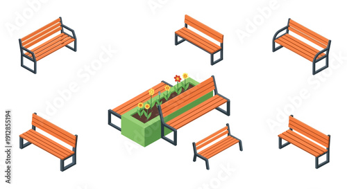Isometric illustration of park benches and a flower bed arrangement