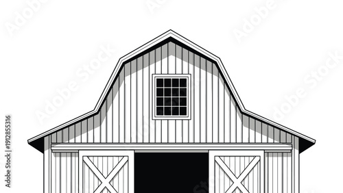 Traditional white barn structure with a gambrel roof and a central window shown from a symmetrical front perspective in grayscale.