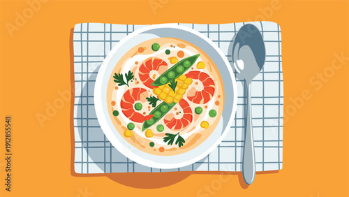 Creamy seafood soup topped with large red shrimp, green peas, corn, and fresh parsley in a white bowl with a spoon.