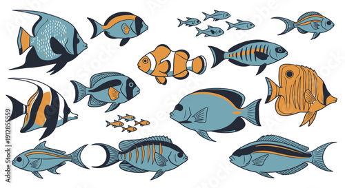 Variety of colorful tropical fish and marine creatures illustration