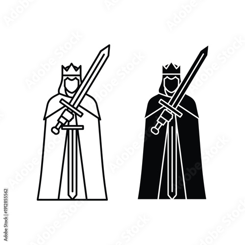 Two medieval knights with swords and crowns facing each other in silhouette