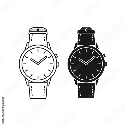 Elegant wristwatches with contrasting strap designs shown in black and white illustration.