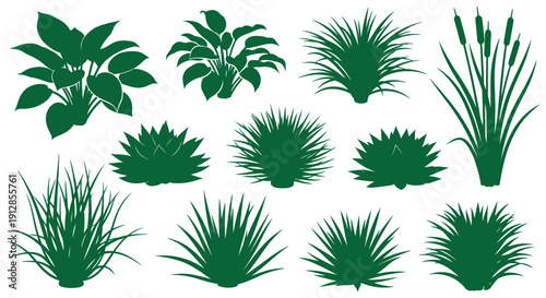 Various green bush and grass plant silhouettes